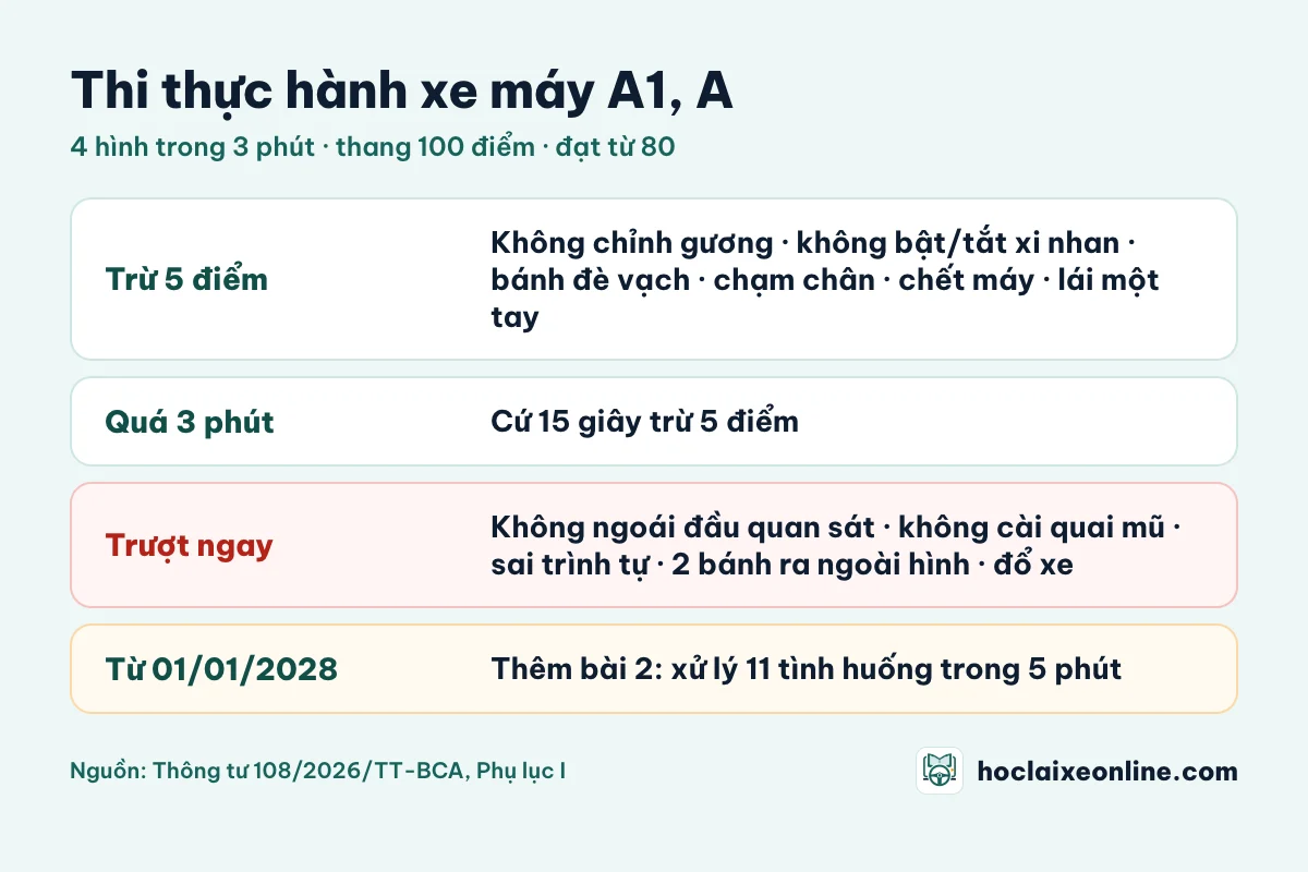 Lỗi bị trừ điểm khi thi thực hành xe máy A1: không chỉnh gương, không bật tắt xi nhan, bánh xe đè vạch, chạm chân xuống đất, chết máy, lái một tay mỗi lỗi trừ 5 điểm; quá 3 phút cứ 15 giây trừ 5 điểm; đạt từ 80 trên 100 điểm